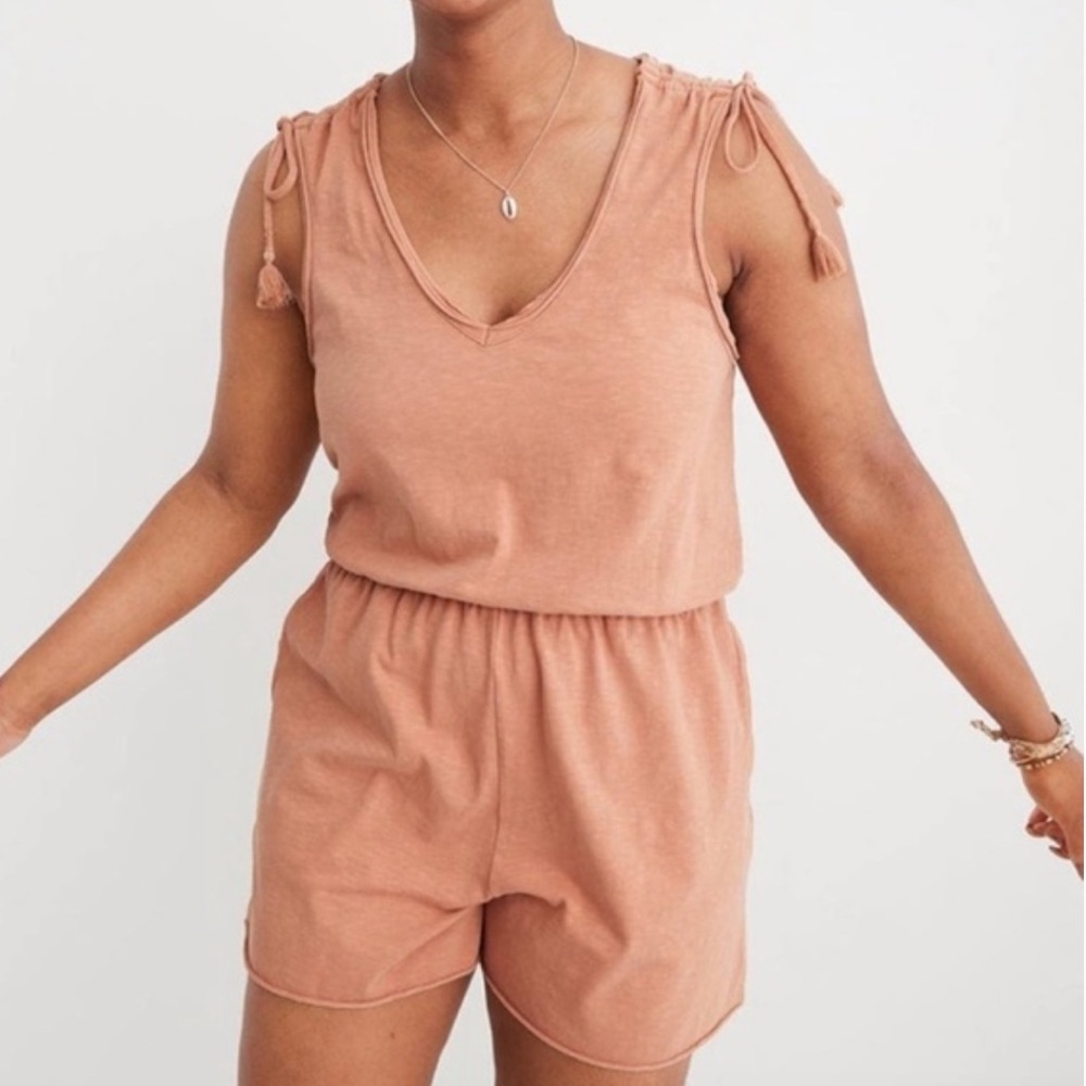 AERIE STRETCH JERSEY COTTON ROMPER WITH TASSEL TIE STRAPS